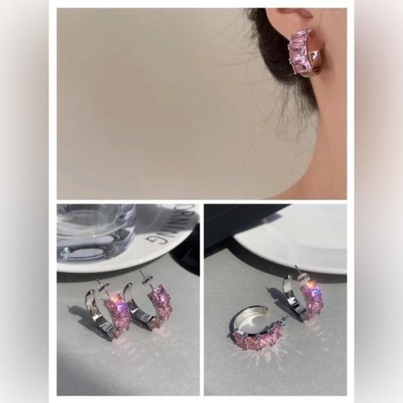 - high quality 18K real gold GP stimulated Diamond C-Hoop Earrings - Picture 5 of 6